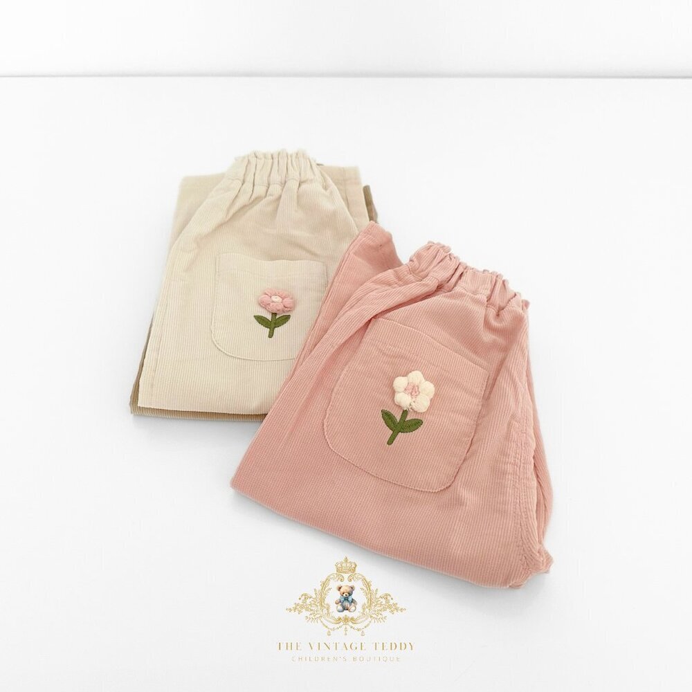 NWT Cute Girls Corduroy Pants Sweet Embroidered Flower Elastic Waist Pink 9-12M - Picture 4 of 4